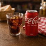 Canette Coca-Cola 33cl avec verre de cola et glaçons sur table de restaurant