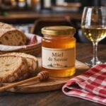 Pot de Miel de Savoie sur planche en bois avec pain, nappe rouge et blanche et verre de vin