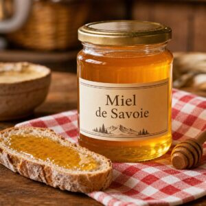 Pot de Miel de Savoie sur table en bois avec nappe rouge et blanche et tartine au miel