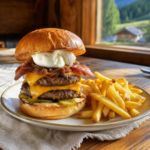 Burger L'Américain servi au restaurant Au P'tit Chênex