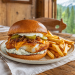 Burger Le Fish servi au restaurant Au P'tit Chênex