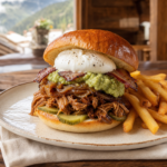 Burger Le Pulled Pork servi au restaurant Au P'tit Chênex