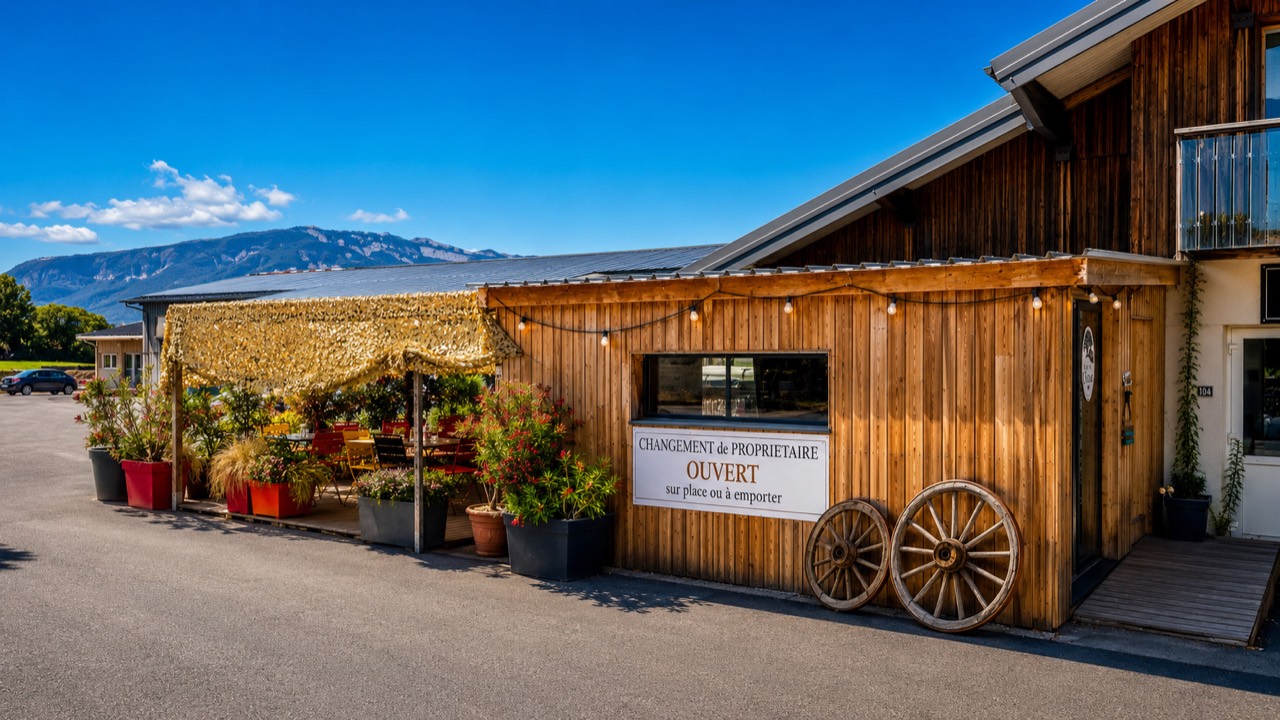 Terrasse et façade en bois du restaurant Au P'tit Chênex à Chênex, avec vue sur les montagnes de Haute-Savoie